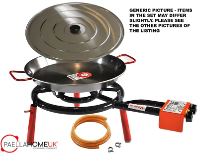 40cm polierte Paella Pfanne Garten Set + 30cm 2Ring Gasbrenner Set + Zubehör - Bild 1 von 4