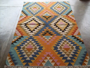 Turkish Kilim Afghan Rug Handmade Woollen Flat-Weave Geometric Kilim Rug 4x6 ft
