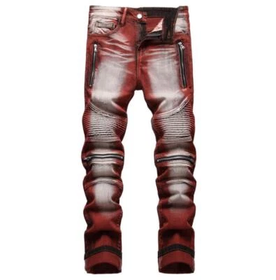 Мужская вино красный джинсовой ткани молнии декор прямые штанины джинсы панк брюки брюки хип-хоп - Изображение 1 из 4