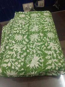 King Size Green Kantha Quilt Hand Block Indian Handmade Blanket Bedspread Throw - Picture 1 of 11