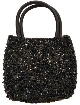 Bolsa/bolsa vintage Carlo Fellini preta semente miçanga/lantejoulas noite/festa 6"x5.5" - Imagem 1 de 4