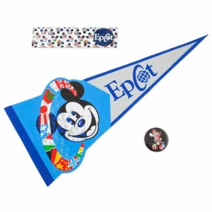 Disney Authentic Mickey Mouse Epcot Fan Pack Pennant Sticker and Button 3pc Set - Picture 1 of 1
