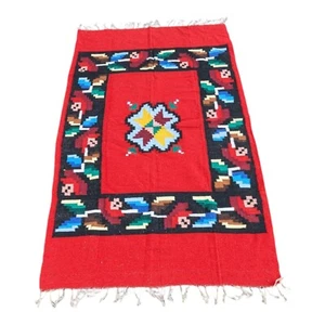 1960s Mexican Woven Rug Blanket Tapestry Floral Geometric Bright 48”x 86” - Picture 1 of 6