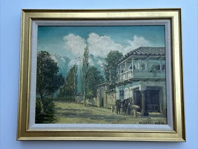 ANTIQUE PAINTING HORSE VILLAGE ALBERTO LOBOS LISTED FAMOUS CHILE ART LANDSCAPE - Image 1 of 4