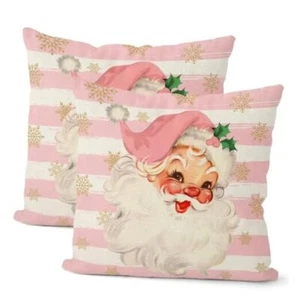 Christmas Pillow Covers 18x18 Set of 2, Pink Stripes Cute 18" x 18" Santa1 - Picture 1 of 8
