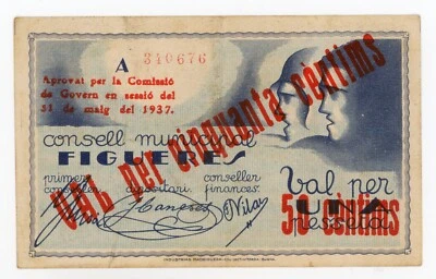 Spain España Civil War Figueres 50 centims 31/5/1937 XF-  T 1007 - Image 1 of 2