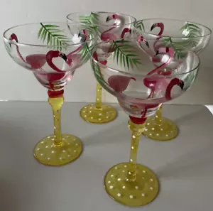 Set of 4 Hand-Painted Pink Flamingo Margarita Glasses Glassware Barware Party - Picture 1 of 7