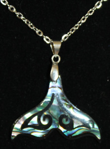 Whale Tale Abalone Shell and Mother of Pearl Necklace on 22" Silver Plated Chain