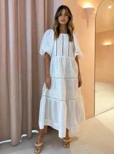 SHONA JOY Dress Size AU 8/US 4 Joia Linen PinTuck Puff Sleeve Midi White Wedding - Imagen 1 de 12