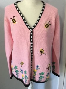 NWT QUACKER FACTORY Pink Bumble Bee Cardigan Sweater, Button Covers, Small NEW - Picture 1 of 7