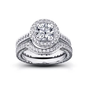 1.42ct K-VS1 Round Natural Certified Diamonds 14k Halo Ring with Matching Band - Picture 1 of 4