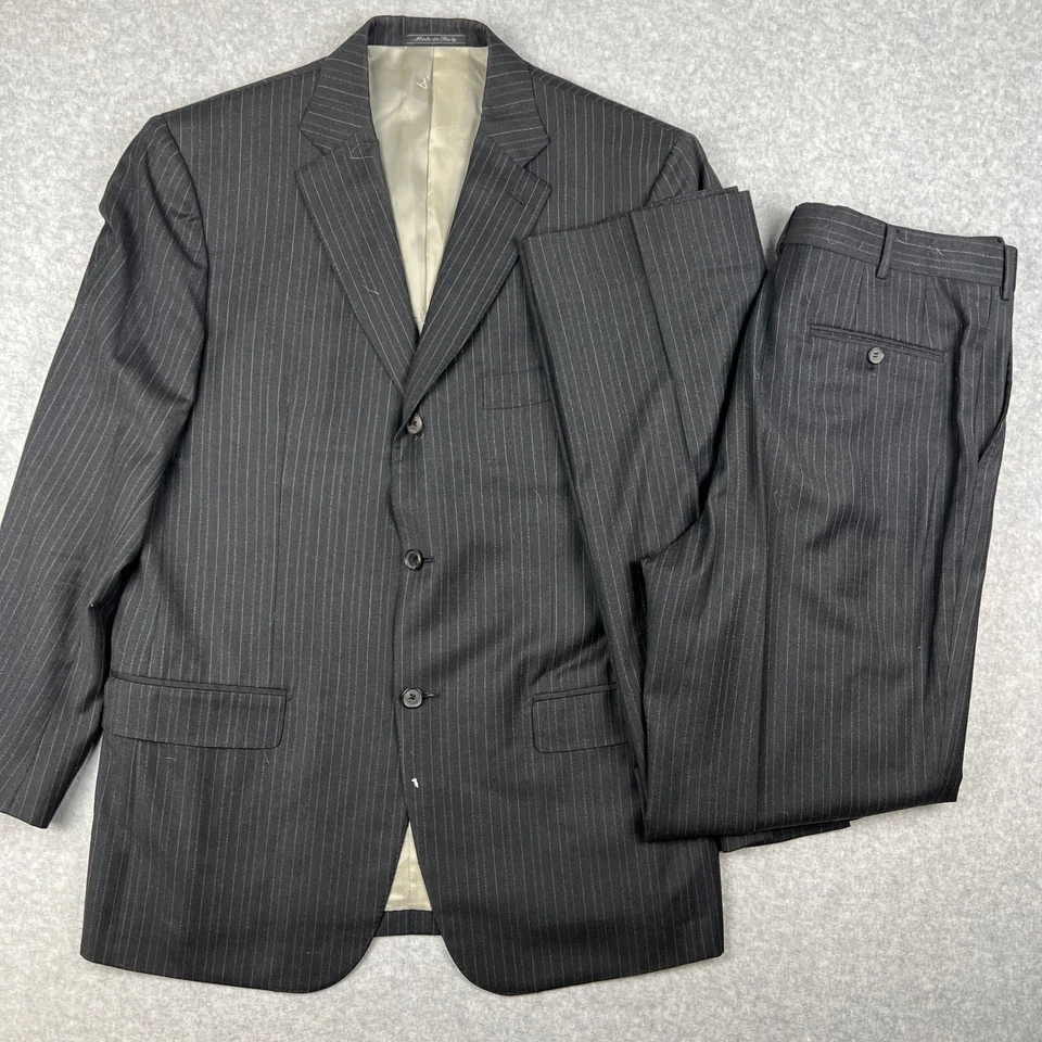 Isaia Napoli Wool Suit Set Coat Blazer Pants 44R Mens 34x33 Black Striped READ - Image 1 of 4