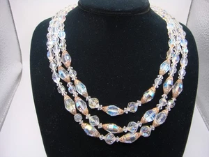 VINTAGE THREE STRAND AURORA BOREALIS NECKLACE FILIGREE BEADS HOOK CLASP ESTATE - Picture 1 of 18