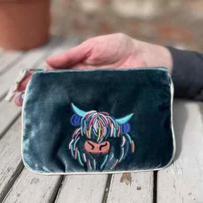 EARTH SQUARED Highland Coo Cow Purse Velvet Coin Card Money Women Christmas Gift - Image 1 of 4