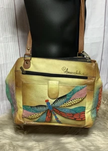 ANUSCHKA Leather Hand Painted Dancing Dragonfly Crossbody Shoulder Handbag - Picture 1 of 24
