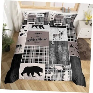 Rustic Cabin Comforter Cover Size, Hunting Bear Deer Duvet Cover Full Multi 18 - Picture 1 of 8