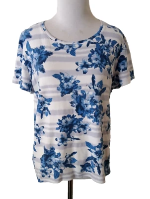 Camiseta Laura Scott Azul Floral Mangas Gorra Cuello Redondo 100% Algodón Mujer’s Grande Foto 1 de 4
