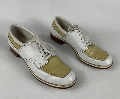 VTG Lazy Bones Tan & White Saddle Shoes Leather Size 8 Runs Small Made in USA - Image 1 of 4
