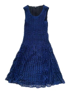 Veeca Laser Cut Overlay Crinkle Dress Small Navy Dark Blue Stretch Mid Length - Picture 1 of 7