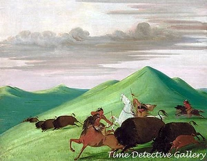 Buffalo Chase, Stierschutzkuh & Kalb von George Catlin - Historischer Kunstdruck - Bild 1 von 1