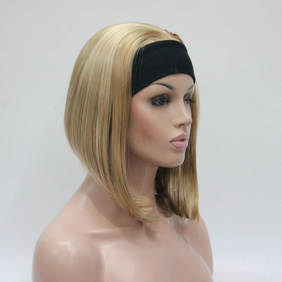 Cute fashion short straight golden blonde with highlight 3/4 wig with headband   - Image 1 of 4