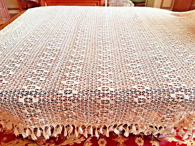 Dessus de lit ancien en filet de coton crocheté - 220 cm x 190 cm - Photo 1/4