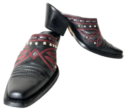 Cole Haan Mule Morgan Cuero Vaquero Tachuelas Bordadas Tacón Bloque Negro 5.5 Usado en Excelente Condición Foto 1 de 4