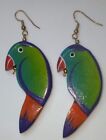 Vintage Colorful Carved Wood Parrot Bird Pierced Earrings Hand Painted 3 1/4"
