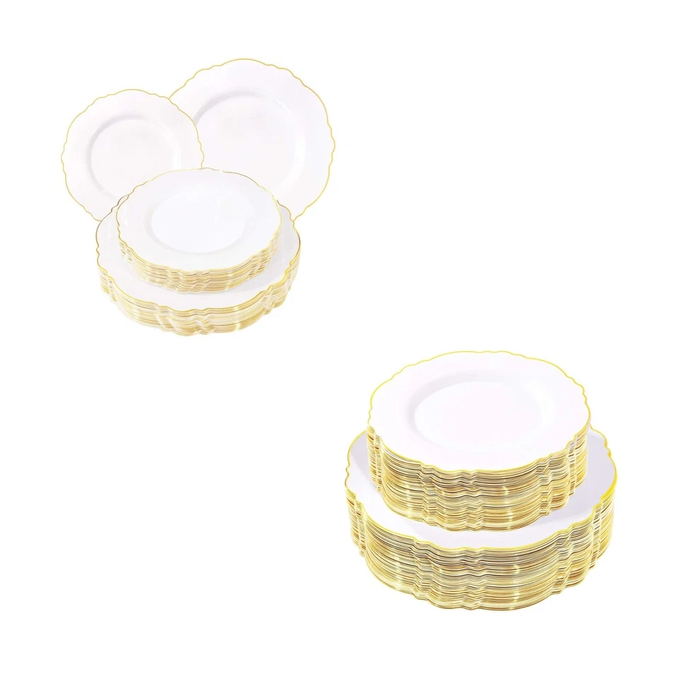 100 золотых пластиковых тарелок WDF — 60 золотых пластиковых тарелок — барочный белый - Изображение 1 из 4