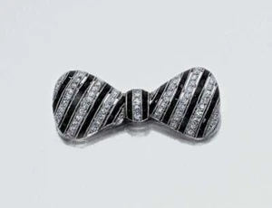Simple & Beautiful Bow Design Rare Black Onyx & Glittering White CZ Women Brooch - Picture 1 of 2