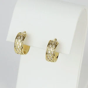 Pretty Italian 14k Yellow & White Gold Women's Small Huggie Hoop Earrings - Picture 1 of 2
