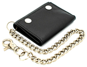 RFID Leather Trifold Chain Wallet for men with Snaps Black Biker YKK Zip J110