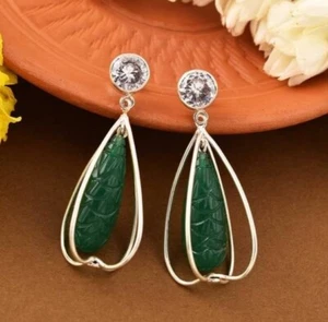Green Carving 925 sterling Silver Earrings - Picture 1 of 5
