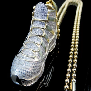 MEN'S 14K YELLOW GOLD WHITE LAB SIMULATED DIAMOND SHOE CHARM CHAIN SET - Picture 1 of 8