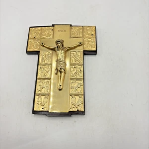 Vintage MCM Brutalist Crucifix W/14 Stations Of The Cross Panels Wood & Metal - Picture 1 of 12