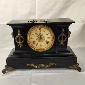 Ansonia Black Cast Iron Mechanical Wind Up Mantle Clock Not Tested W/ 2 Keys - Picture 1 of 15