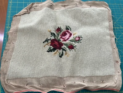 Vtg Finished Needlework floral green tapestry Chair Footstool Pillow Cover - Image 1 of 4