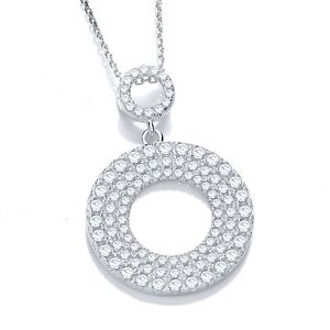 J JAZ Sterling Silver Chain Necklace Twin Circles Cubic Zirconia Charm Pendant