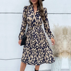 New V-neck lace up slim fit pleated skirt printed dress - Picture 1 of 16