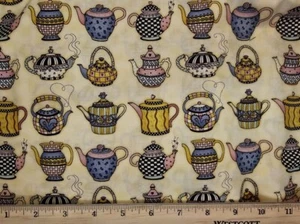 DEBBIE MUMM Fabric - TIME FOR TEA - Teapots on Pale Yellow - HALF yd (18") - Picture 1 of 1