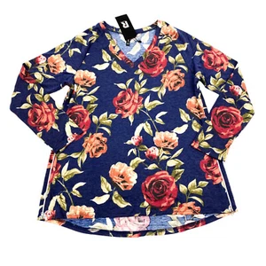 PrinStory Womens Size XL Long Sleeve V-Neck Top Floral Blue - Picture 1 of 12