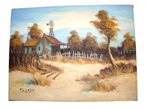 Original Paisaje Occidental Óleo Sobre Lienzo T Wilmer Pintura Molino de Viento Cabaña - Imagen 1 de 5