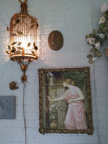 Vintage Italian Tole Gold Gilt Flowers & Leaves Wall Bird Cage Lamp Sconce Light Cover