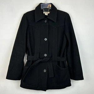 J Crew Trench Coat Womans XS Black Wool Blend Collared Tie Waist - Picture 1 of 8