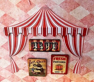 3er Set Miniatur Puppenhaus Zirkus Schilder Elefant Popcorn rot und weiß - Bild 1 von 2