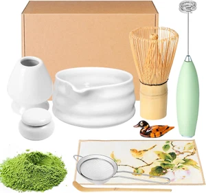 Matcha Whisk Set & Bowl, 9 Pc Matcha Kit, Whisk, Spoon, Sifter, Holder, White - Picture 1 of 12