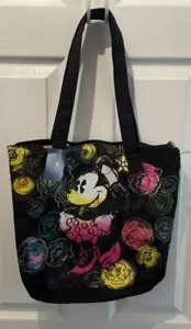 Minnie Mouse Canvas Tote Bag Black Abstract Flowers Zip Close Disney - Picture 1 of 8