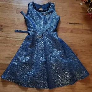 Girls dress Sz 14 blue w/ Metallic silver Sparkly Material Rhinestone Neckline - Picture 1 of 10