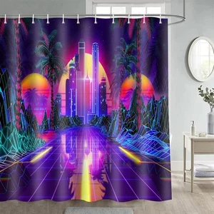 Punk Duschvorhang Retro 80er Digital 80s Party SciFi Neon Sonnenuntergang Tropical... - Bild 1 von 7