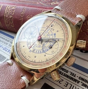 Rolex Chronograph Gold Dial Men's Wristwatch Vintage 1940s 36mm 18KGP Brown Band - Picture 1 of 7